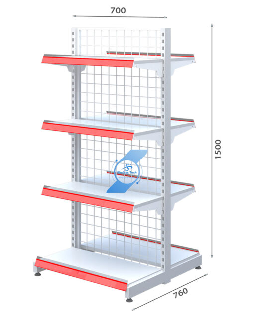 Kệ siêu thị đôi lưng lưới 4 tầng x C1500mm có 3 loại chiều dài là 700mm, 900mm, 1200mm