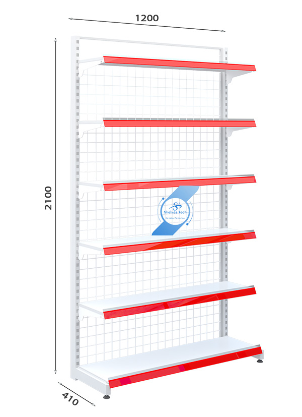 Mô tả kích thước của bộ kệ lưng lưới đơn 6 tầng x C2100 x D1200mm