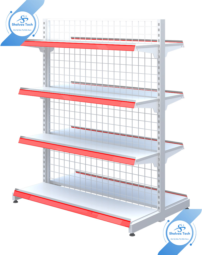 Kệ đôi lưng lưới đặt giữa cửa hàng