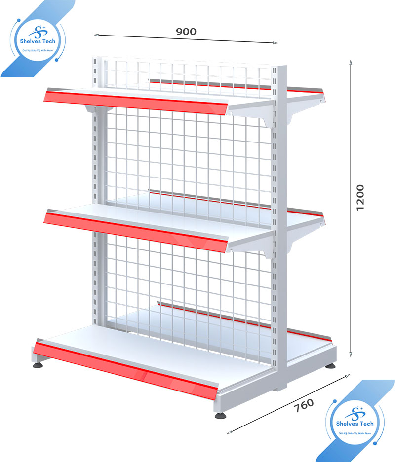 Hình ảnh mô tả thông số kỹ thuật của một mẫu kệ lưng lưới 3 tầng