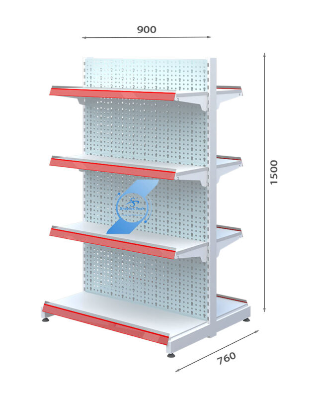 Kệ siêu thị đôi tôn đục lỗ 4 tầng x C1500mm có 3 loại chiều dài là 700mm, 900mm và 1200mm